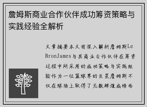 詹姆斯商业合作伙伴成功筹资策略与实践经验全解析