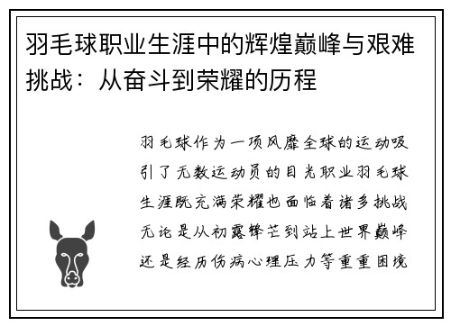 羽毛球职业生涯中的辉煌巅峰与艰难挑战：从奋斗到荣耀的历程